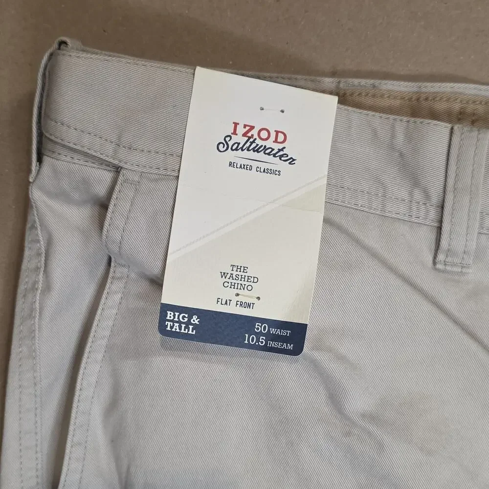 IZOD Shorts Men 50 Beige Flat Front Saltwater The Washed Chino Short 10.5 Inseam